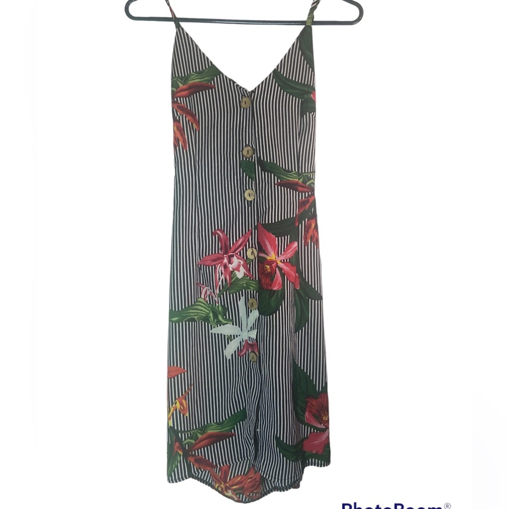 KRL summer sleeveless tropical flower print striped ladies buttoned Dress small